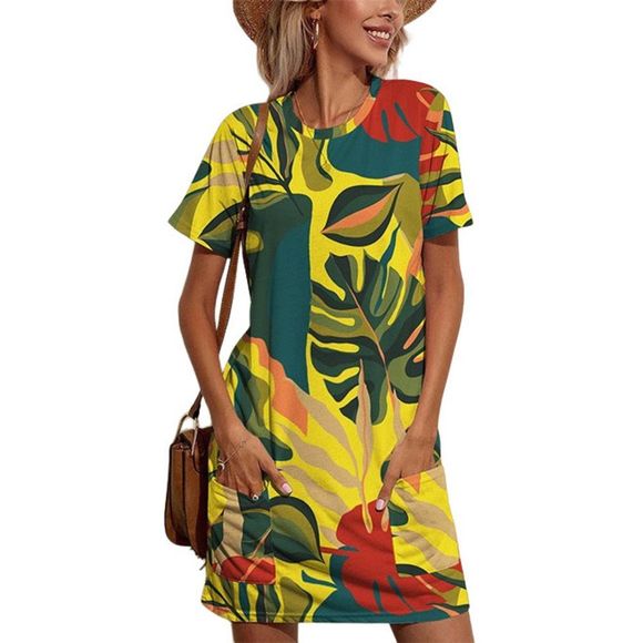 UDEAR Yellow & Green Foliage Crewneck Shift Dress Size S - Picture 1 of 3